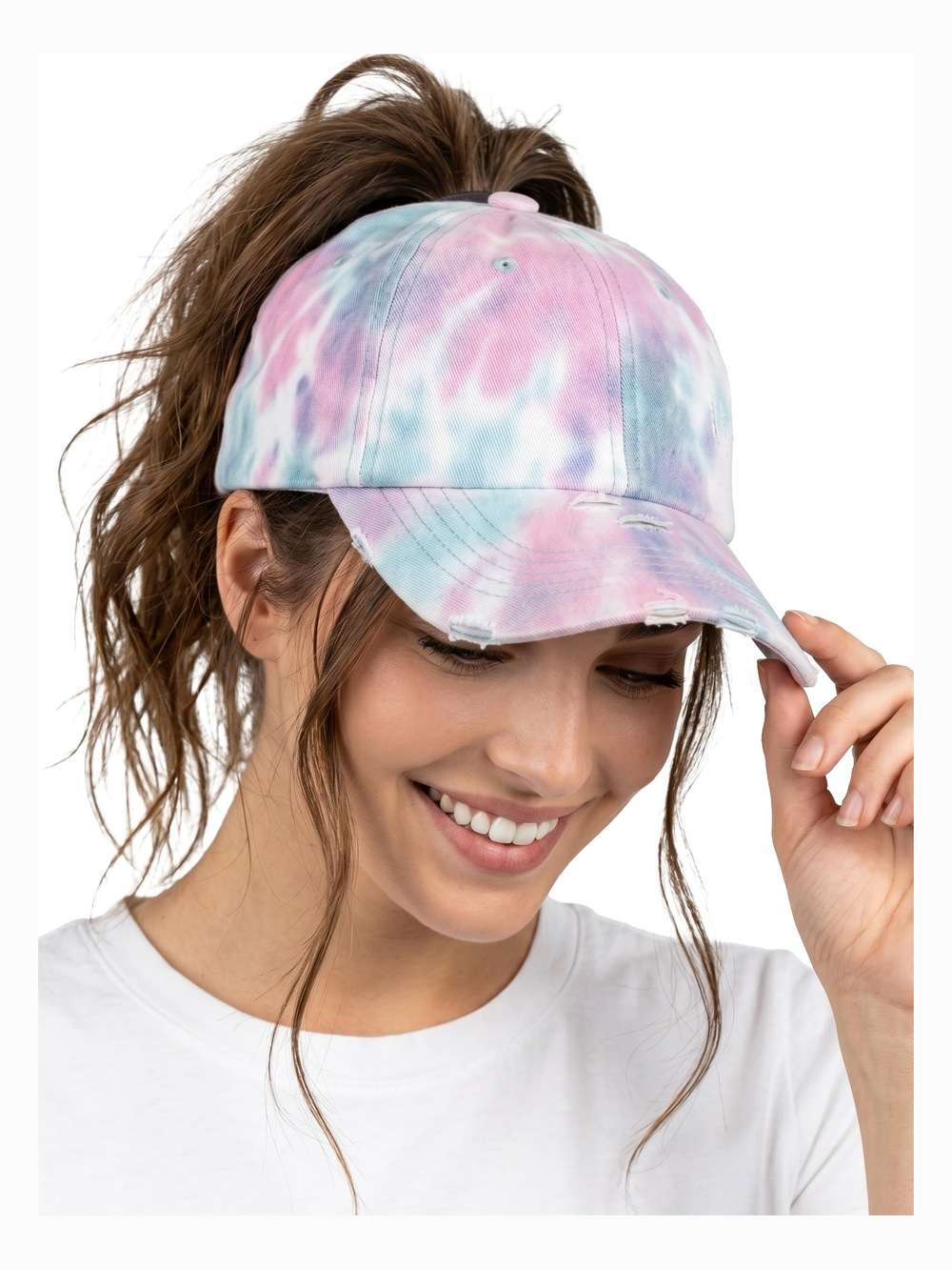 Criss Cross Ponytail Cap, Messy Bun Distressed Baseball | Gray, Pink | Size OS